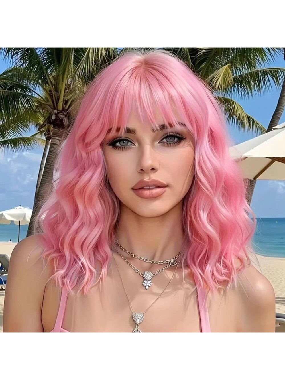Woman's Pink Curly Bob Wig with Bangs Short Wavy Synthetic Hair Wig